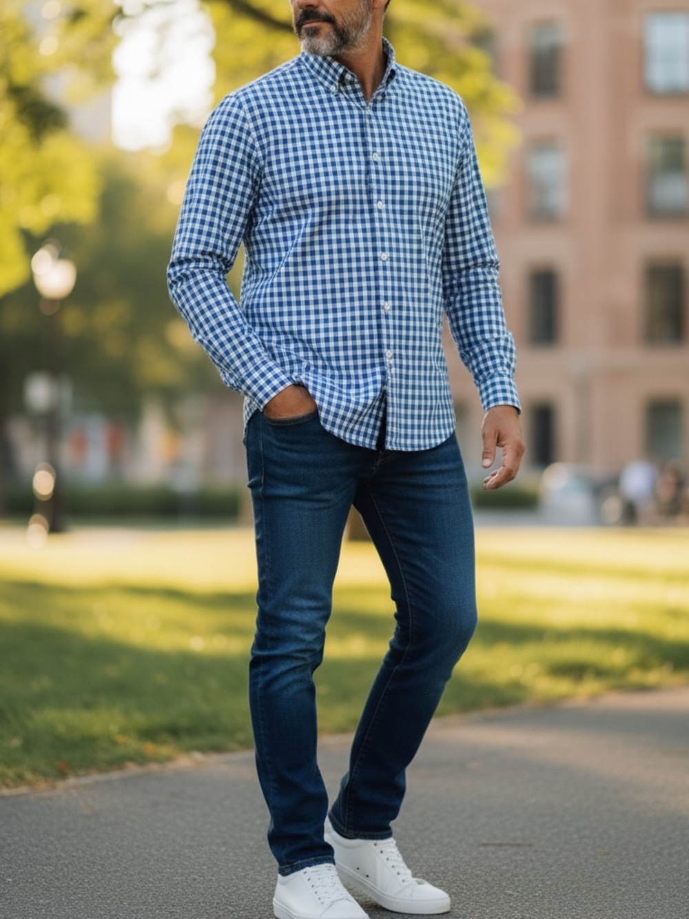 Men's Blue Gingham Button-Down Shirt